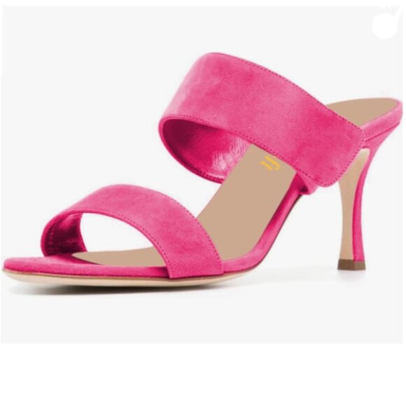 miss left Hot Pink Open Toe Double Straps Mules Slip On High Heel Slide Sandals - Picture 1 of 8